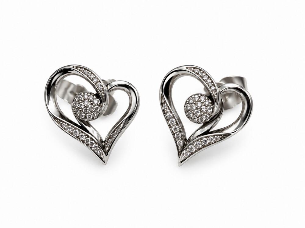 925 Sterling Silver Diamond Accent Open Heart Stud Earrings